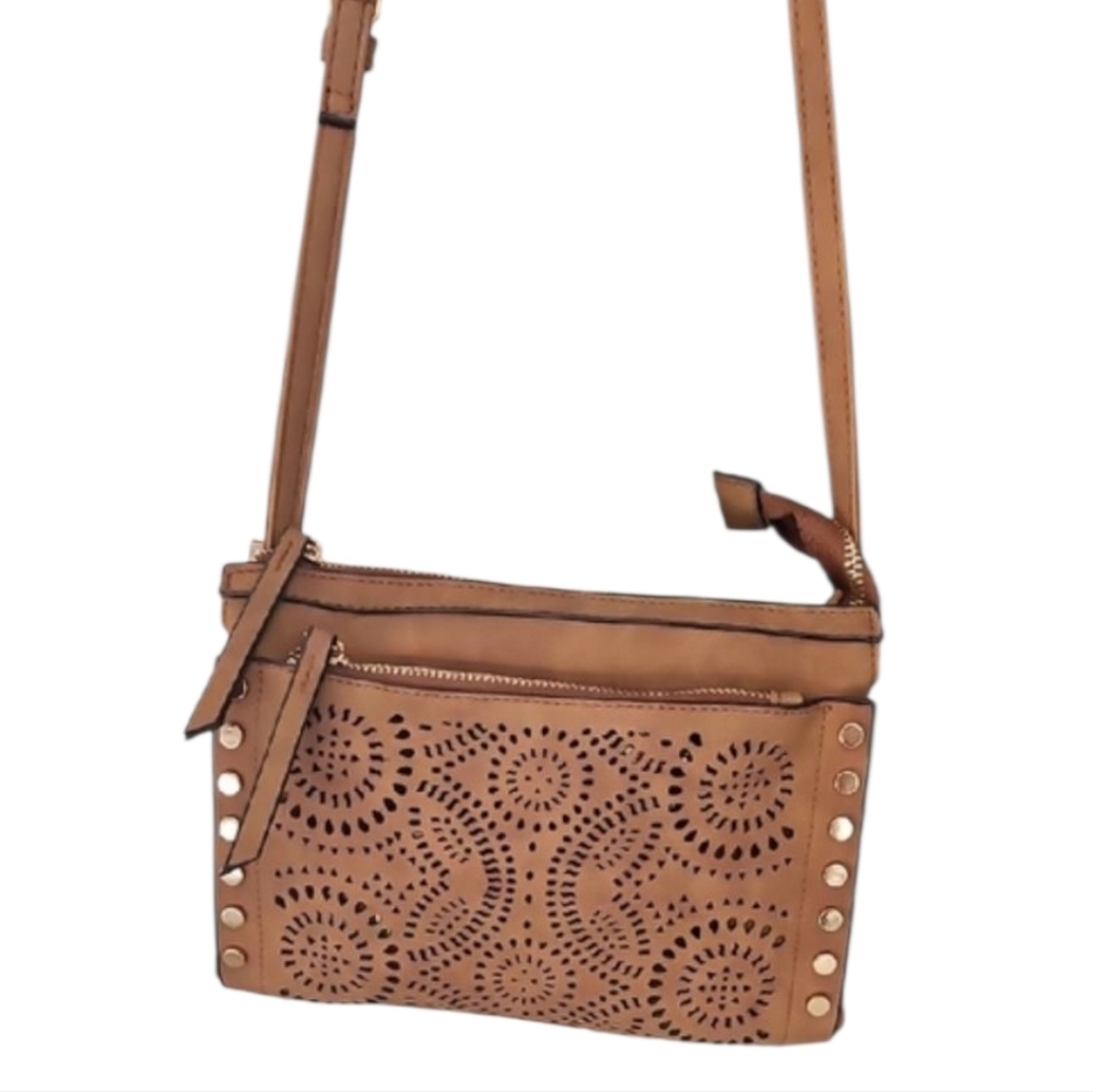 Boho Laser Cut Crossbody Bag Tan Faux Leather Studded Purse